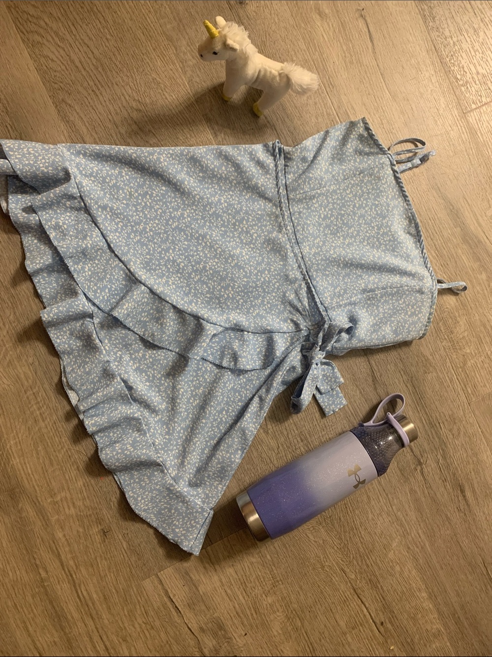 SHEIN Light Blue Floral Casual Dress with unicorn plush underarmor water bottle